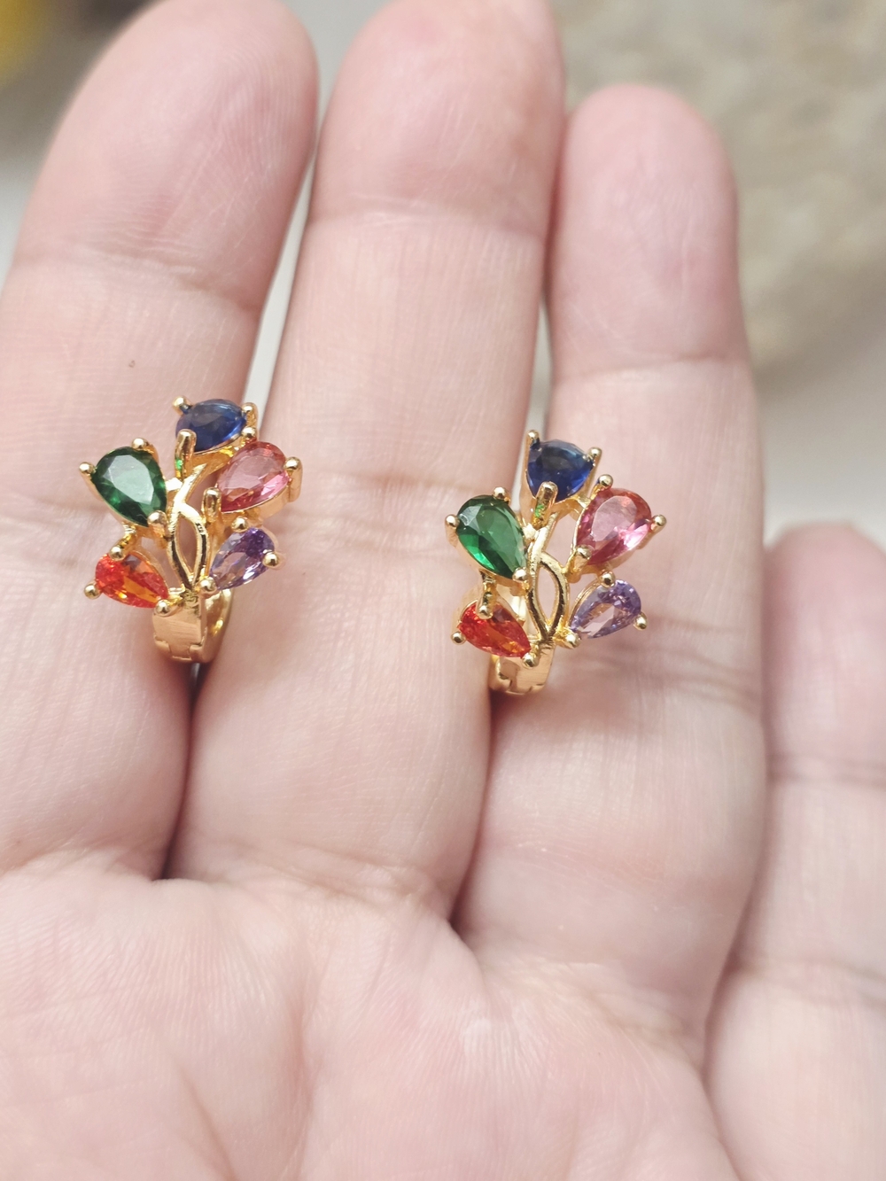18k Gold Plated Multicolor Teardrop Cluster Hoop Earrings